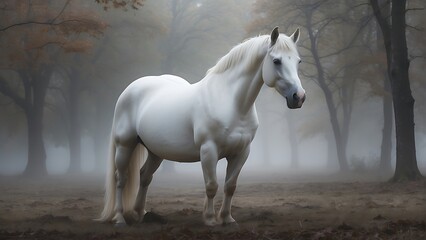 Majestic White Horse: Frontal Portrait with Hazy Background
