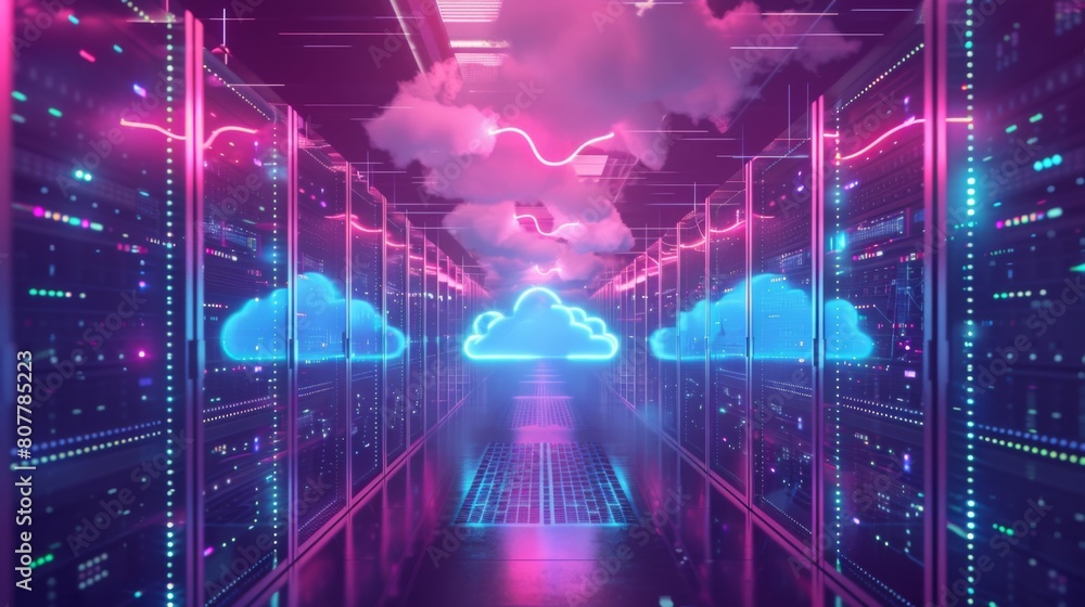 Poster 3d abstract background of cloud storage or server room with glowing data