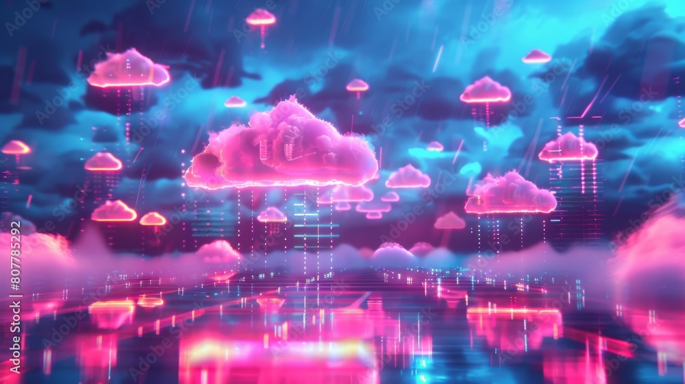 Poster 3d abstract background of cloud storage or server room with glowing data