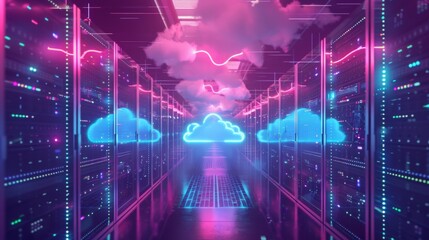 3d abstract background of cloud storage or server room with glowing data