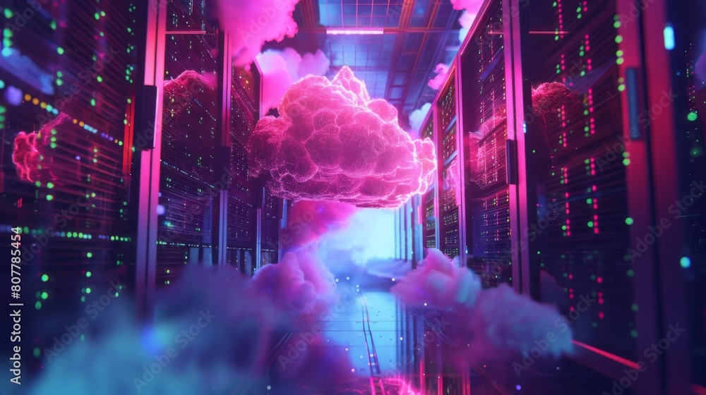 Poster 3d abstract background of cloud storage or server room with glowing data