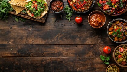 A variety of delicious and healthy foods are arranged on a wooden table. There are tacos, pasta,...