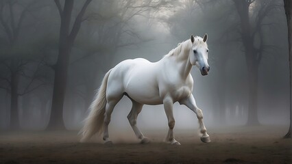 Majestic White Horse: Frontal Portrait with Hazy Background