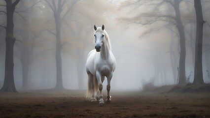 Majestic White Horse: Frontal Portrait with Hazy Background