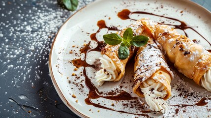 White plate holding a delectable pastry drizzled with rich chocolate