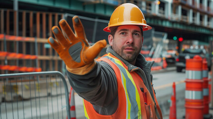 Construction worker signaling stop at a worksite
