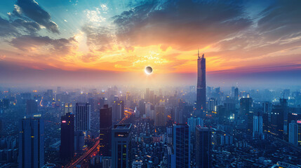 Fototapeta premium Solar eclipse in the sky over a large modern metropolis, view from above
