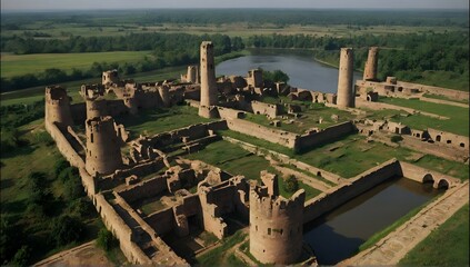 An ancient city is located in the lowland along the river