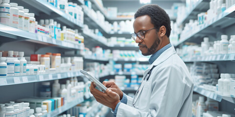A concentrated African American male pharmacist is using a tablet to manage inventory in a pharmacy filled with medical products.