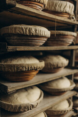 Dough for fresh bread before baking in oven. Automated bakery production line, food industry.