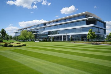 Obraz premium Efficient Urban Oasis: Interconnected Glass Buildings at Sprawling Office Park