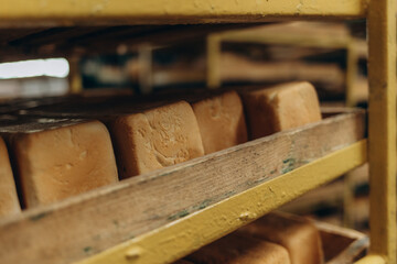A lot of bread prepare to move on in the shelf. Bread bakery food factory production with fresh products. Automated production of bakery products.