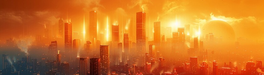 Blend futuristic alien architecture seamlessly into a cityscape setting using double exposure techniques and vibrant shades of orange to  striking visual contrast