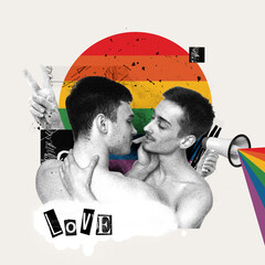 Monochrome image of two men, couple kissing and showing love against rainbow color background....