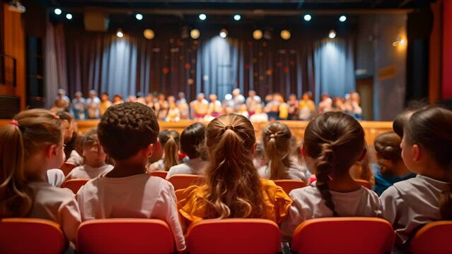 An audience of children watch a play at a theater.