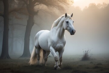 Majestic White Horse: Frontal Portrait with Hazy Background