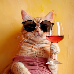 Cat wearing sunglasses holding wine glass. Studio pet portrait. Wine tasting concept for design and poster.