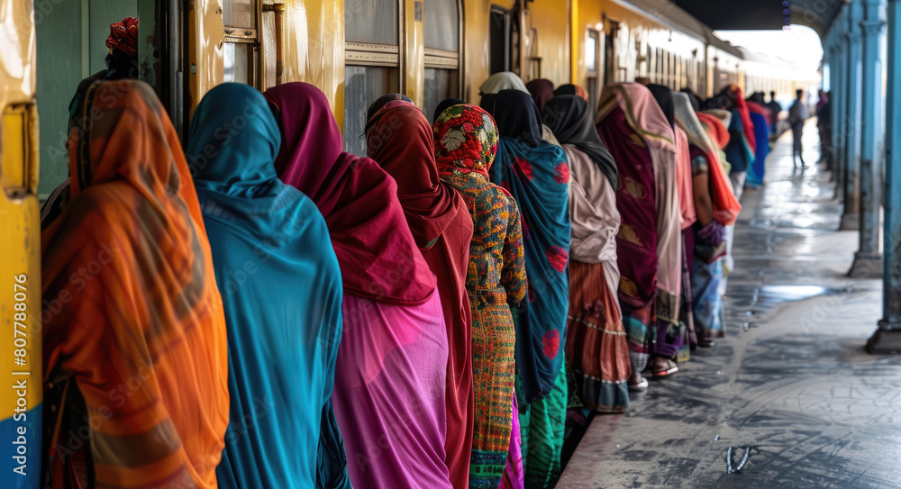 Wall mural a group of women in colorful headscarves and sarees stand at the entrance to an indian train, waitin