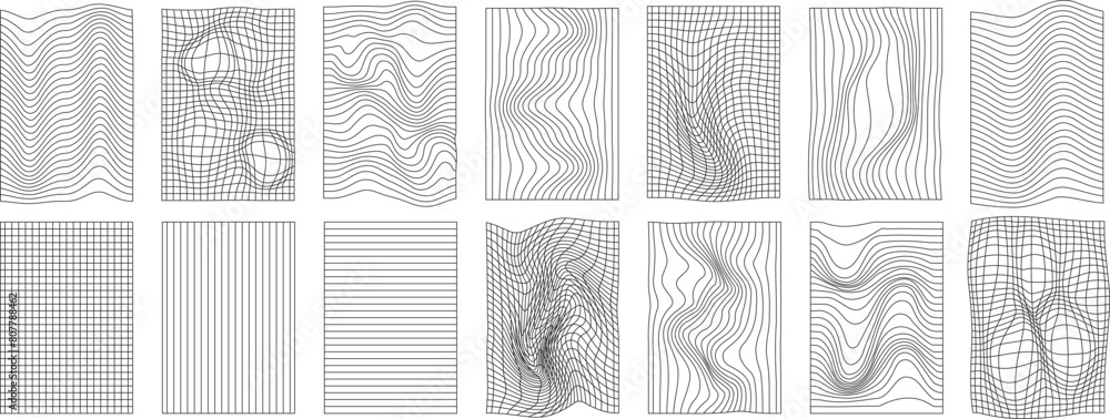 Poster Set of geometry wireframe grid on transparent background. 3D abstract posters, patterns, cyberpunk elements in trendy rave style Y2k. Vector EPS 10