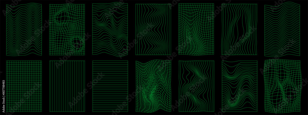 Poster Set of neon geometry wireframe grid on black background. 3D abstract posters, patterns, cyberpunk elements in trendy rave style Y2k. Vector EPS 10