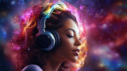 A calm young woman listening to music wearing headphones, Neon Lights Strings From Head Illustration, Mediation - Dynamic audio-themed designs