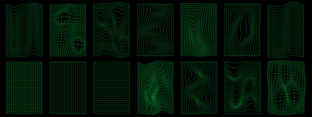 Set of neon geometry wireframe grid on black background. 3D abstract posters, patterns, cyberpunk elements in trendy rave style Y2k. Vector EPS 10
