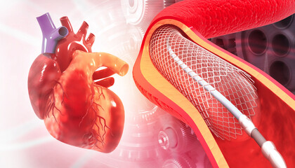 Angioplasty stent with human heart on scientific background. 3d illustration.