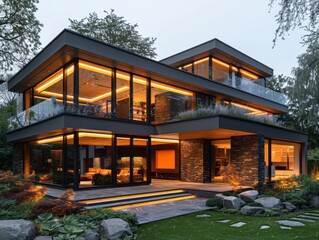 Obraz premium Modern luxury minimalist cubic house, villa with glass walls and landscaping design front yard. Residential architecture exterior. 4K HD Wallpaper