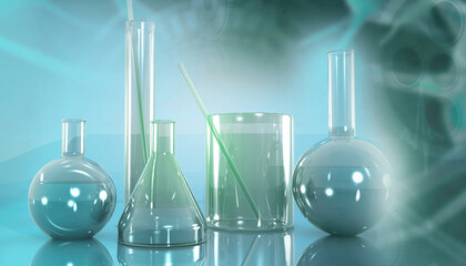Human chemistry lab flask with equipment. 3d illustration..