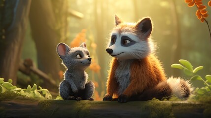 Raccoon and Cub Enjoying Sunrise in Forest
