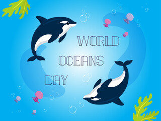 animal in blue sea world oceans day illustration design