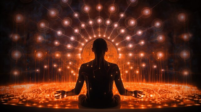 Artistic depiction of the silhouette of a person undergoing both acupuncture and cupping therapy with abstract patterns of energy flow around the body conveying a holistic approach