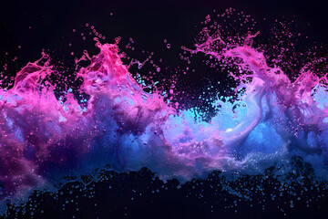 Neon waves crashing in a sea of pink and blue colors. Abstract art on black background.