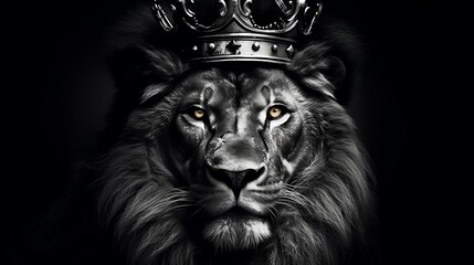 Closeup of a lion s proud face with a crown artistically rendered in highcontrast monochrome emphasizing the Leo zodiac signs association with royalty and power - obrazy, fototapety, plakaty
