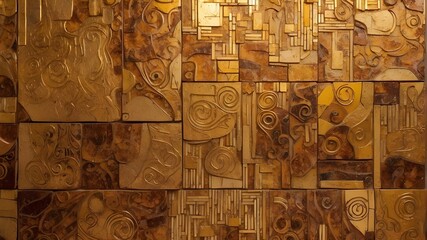 a close-up of a golden mosaic wall that resembles a piece of art in a structure and features elaborate patterns of brown, amber, and yellow rectangles