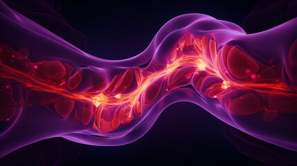 Conceptual digital artwork of an abstract twisted intestinal shape with areas highlighted in red to symbolize inflammation set against a vibrant solid purple background representin
