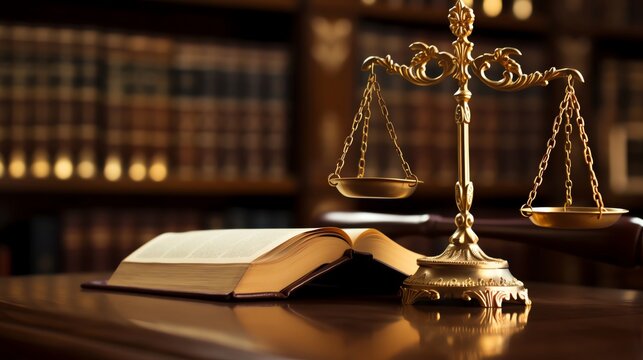 Closeup of ornate golden scales against a backdrop of old legal books in a library highlighting the Libra traits of law balance and decorum