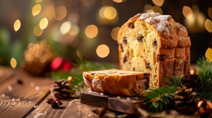 Panettone cake loaf beautifully displayed on a wooden table