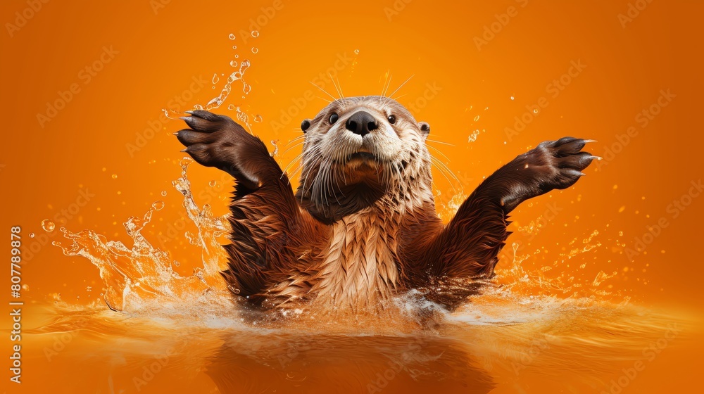 Poster digital illustration of an otter in a dynamic swimming pose with water droplets in motion set agains