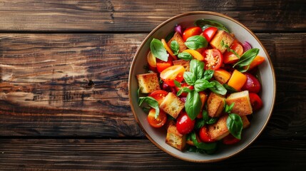 A bowl filled with vibrant Italian Panzanella salad on a wooden table - Powered by Adobe