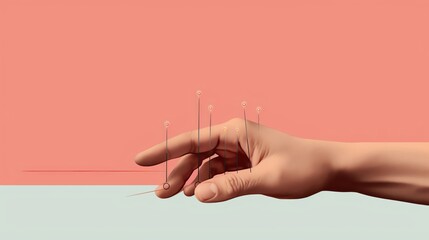 Minimalist illustration of a hand performing acupuncture on a patient s back with subtle energy lines drawn between the needles set against a calm pastel background representing th