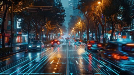A street scene overlaid with CGI effects, depicting how AI assists with transportation and navigation for smoother urban living.