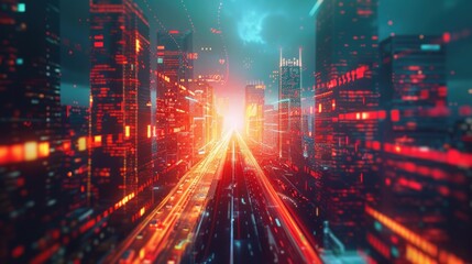 Obraz premium A time-lapse image of a city is paired with a business data analytics dashboard in an overlay composition. Seamless integration of finance and technology into modern business concepts.