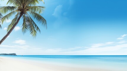 Vibrant beach scene with clear blue skies and palm trees perfect for travel and holiday themes with ample copy space