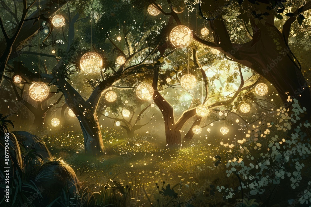 Poster a forest with many trees and glowing lights