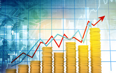 3d gold coins bar graph chart stock market. 3d illustration..
