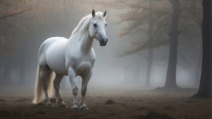 Majestic White Horse: Frontal Portrait with Hazy Background