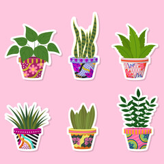House plants set in colorful flowerpots. Vector stickers elements set on pink background in flat style. Cute lifestyle cozy objects for home and garden. Pot painting design and decoration Ideas.
