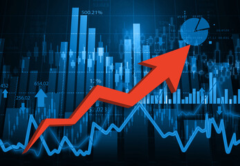 Stock market graph trading analysis. Red arrow graph with candlestick chart. Financial investment concept. 3d illustration