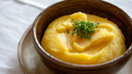 A brown bowl filled with creamy mashed potatoes sits on a wooden table